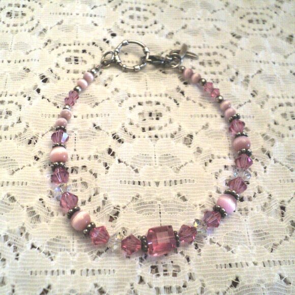 Breast Cancer Bracelet Pink Beads & Crystals .925 Sterling Silver BC Ribbon 7.5" - Picture 1 of 4